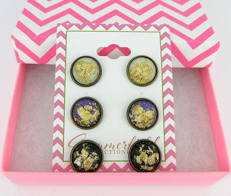 Summerfield Collection Trio Antiqued Gold-tone Leaf Foil Faceted Resin Stud Earrings Set 12mm (Black/Purple/White)