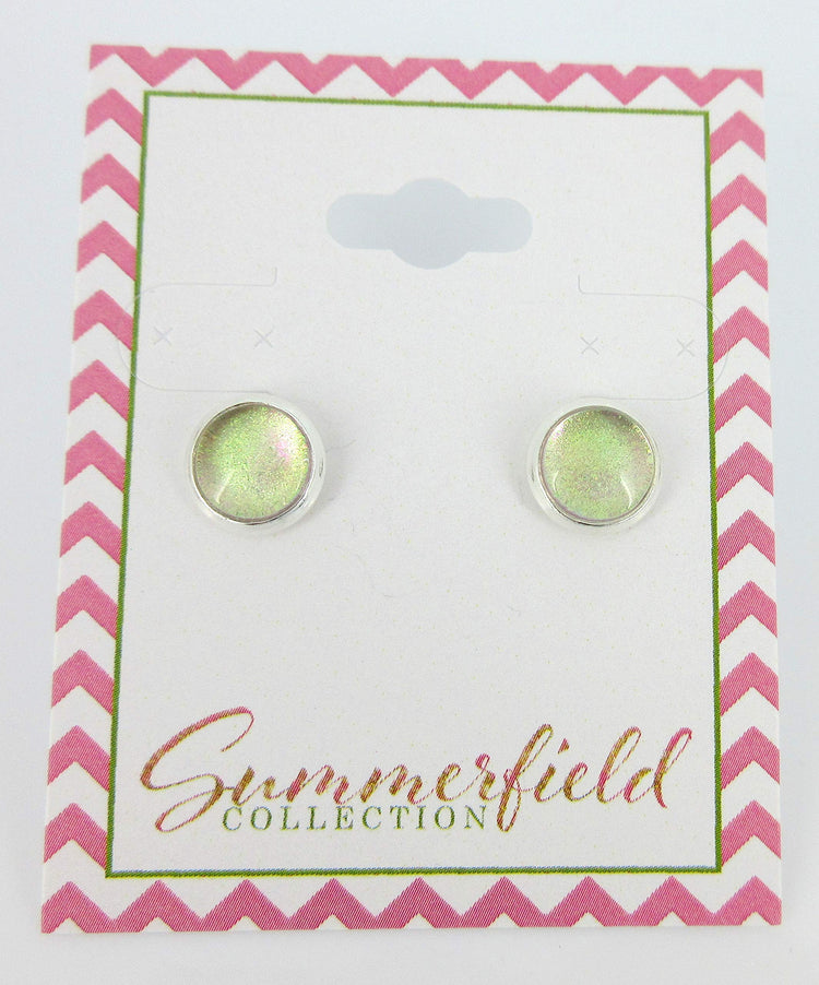 Silver-tone Nude Pink Color Shift Glitter Glass Stud Earrings Hand-painted 8mm