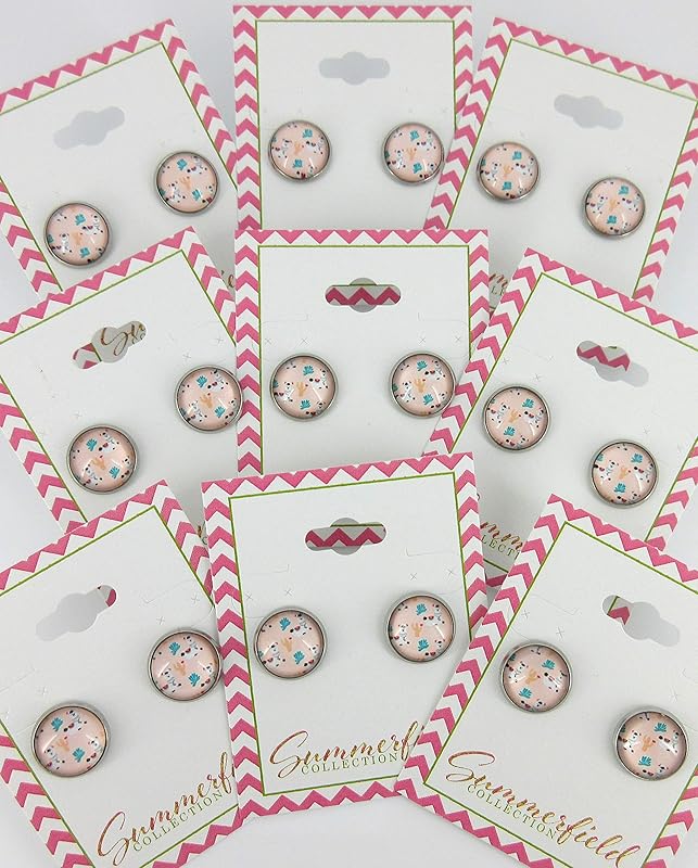 Summerfield Collection Stainless Steel Llama Print Glass Stud Earrings 12mm (Pink Pattern)