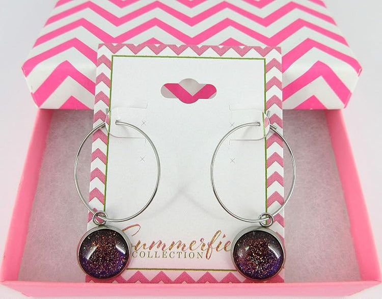 Summerfield Collection Stainless Steel Blue Red Purple and Gold Glitter Glass Charm Hoop Earrings Hand-painted 1"