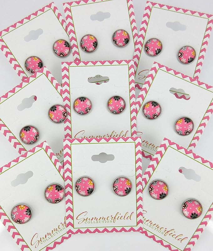Summerfield Collection Stainless Steel Cat Paw Print Glass Stud Earrings 12mm (Pink)