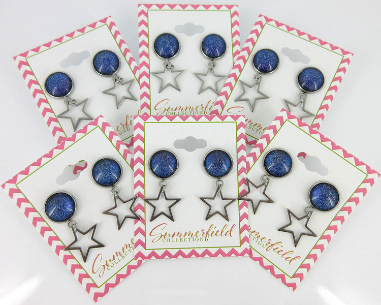 Stainless Steel Blue Galaxy Glitter Glass Stud and Star Drop Earrings