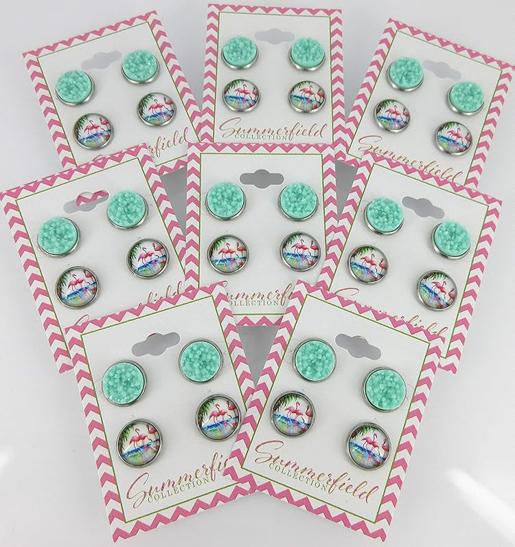 Summerfield Collection Duo Stud Earrings Stainless Steel Sweet Mint Green Faux Druzy Stone and Flamingo Print Glass 12mm Set