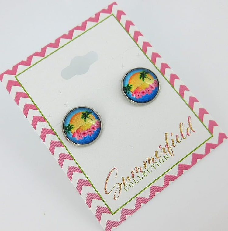 Summerfield Collection Stainless Steel Retro Tropical Sunset Palm Tree Print Glass Stud Earrings 12mm Hibiscus Flower