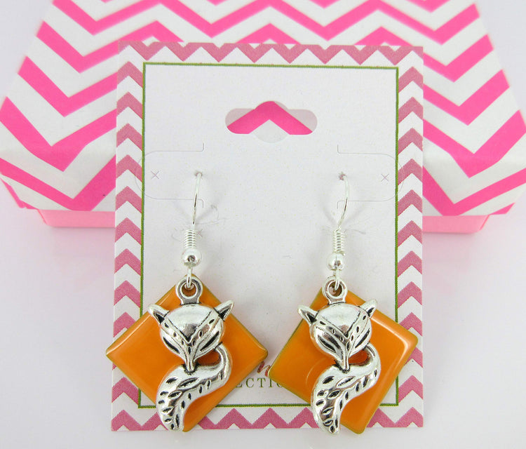 Silver-tone Orange Enamel Fox Charm Dangle Earrings