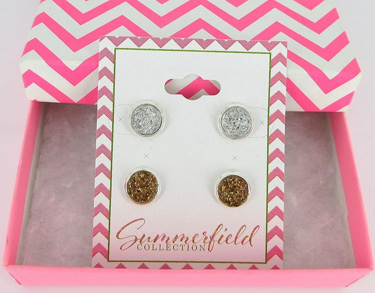 Summerfield Collection Duo Silver-tone Faux Druzy Stone Stud Earrings 8mm Set (Clear/Light Brown)