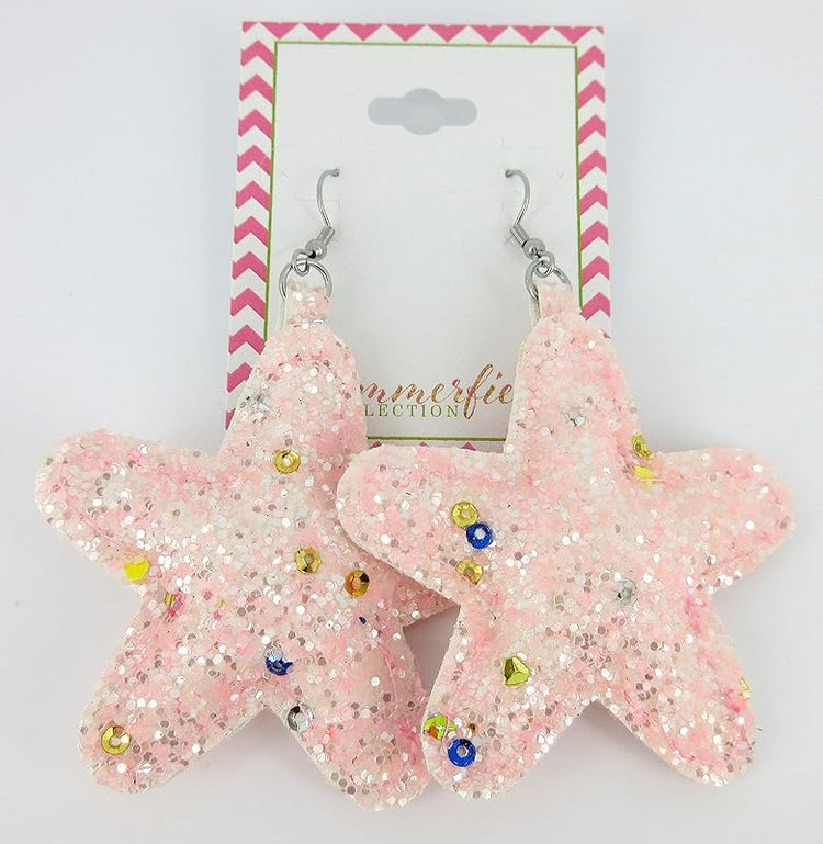 Summerfield Collection Stainless Steel Pastel Glitter Faux Leather Large Puffy Star Dangle Earrings (Light Pink)