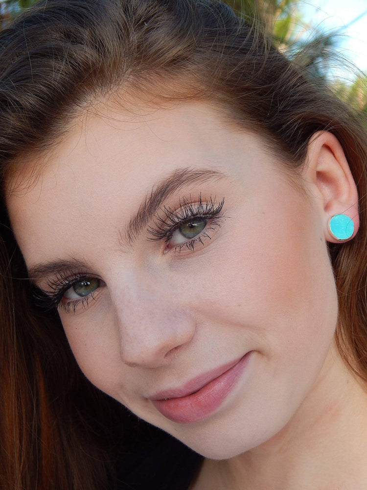 Trio Silver-tone Stud Earrings Aqua Blue Faux Druzy Stone Mermaid Scale Glitter Resin Set