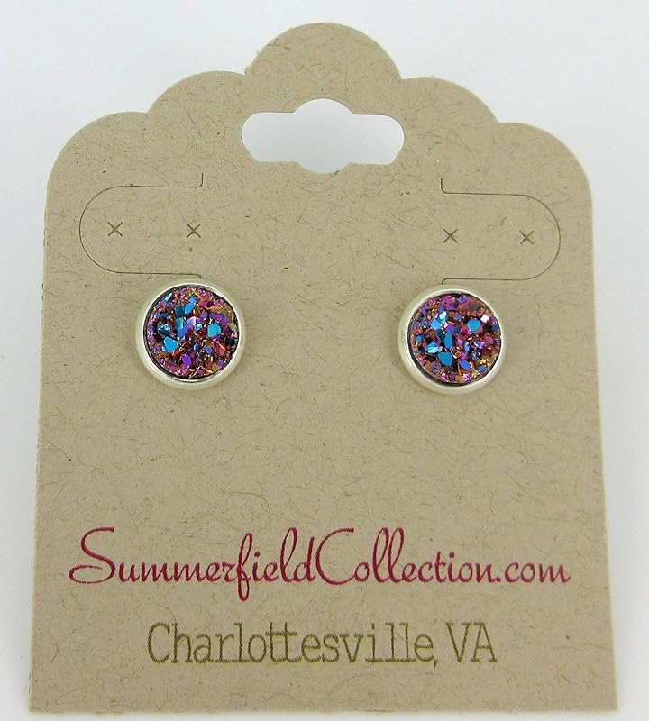 Summerfield Collection Silver-tone Metallic Faux Druzy Stone Stud Earrings 8mm (Pink/Teal)