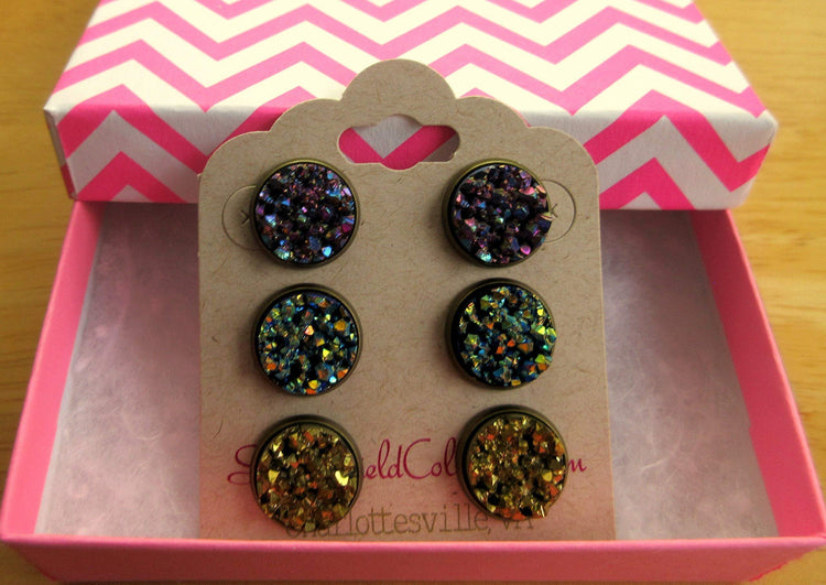 Trio Antiqued Gold-tone Stud Earrings 12mm Faux Druzy Stone Metallic Purple Blue Green Set