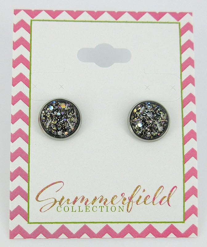 Summerfield Collection Stainless Steel Metallic Black with Silver and Gold Glitter Glass Stud Earrings Hand-painted 10mm