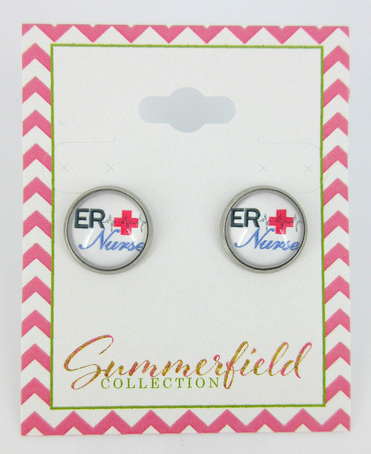 Stainless Steel ER Nurse Print Glass Stud Earrings 12mm White Black Red