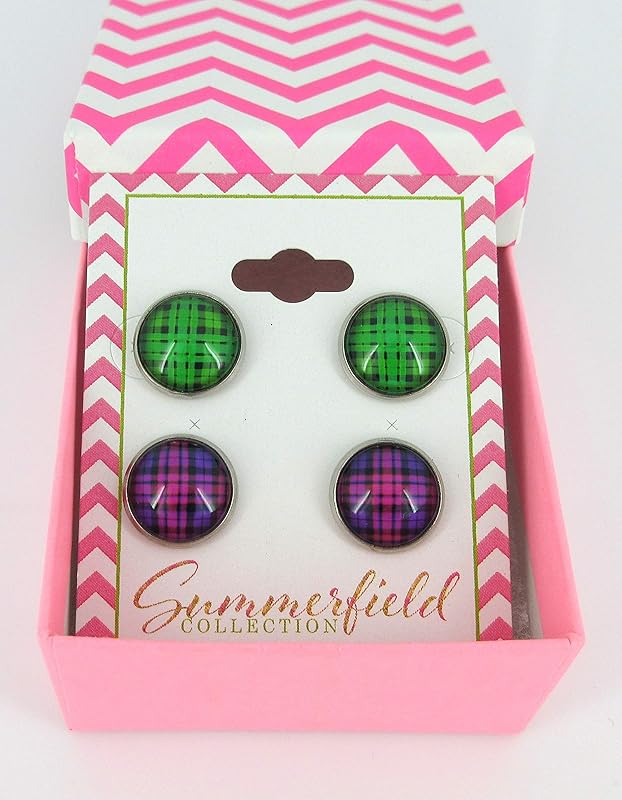 Summerfield Collection Stainless Steel Duo Stud Earrings Plaid Print Glass 12mm Set (Dark)