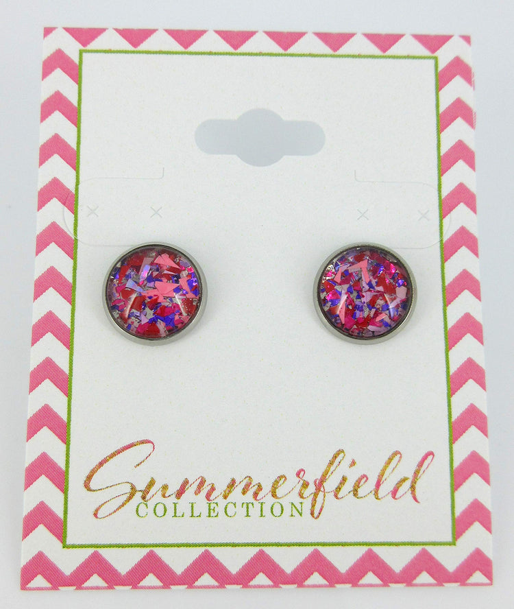 Stainless Steel Pink Purple Red Metallic Shard Glitter Glass Stud Earrings Hand-painted 10mm
