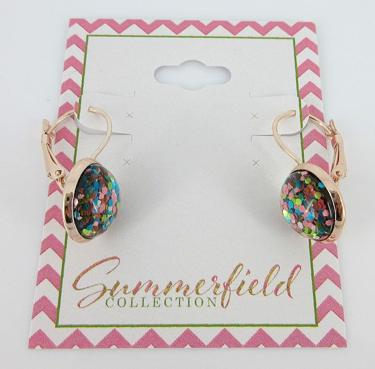 Summerfield Collection Rose Gold-tone Pink Aqua Green Metallic Glitter Resin Lever-back Drop Earrings