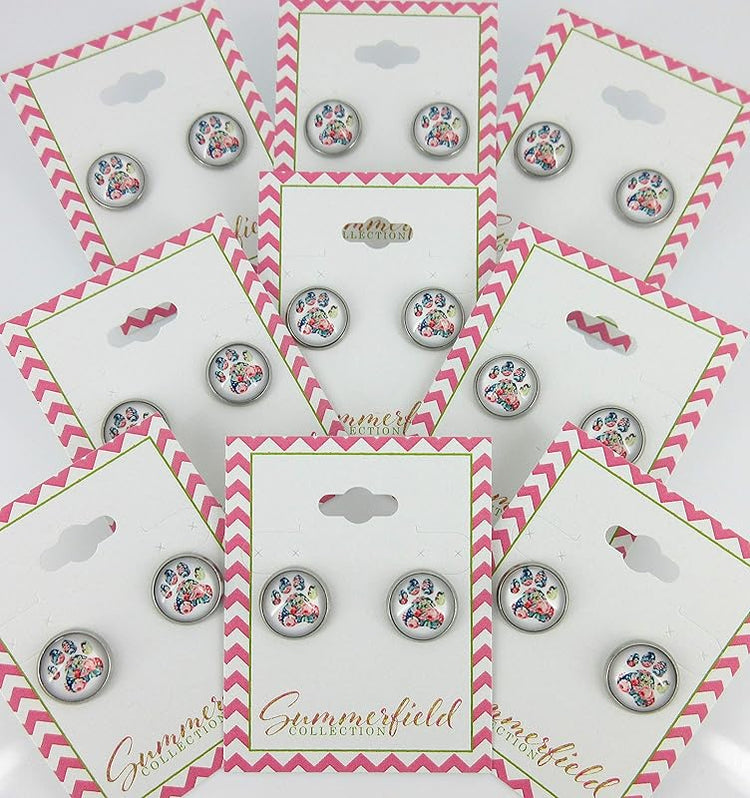 Summerfield Collection Stainless Steel White and Flower Paw Print Glass Stud Earrings 12mm