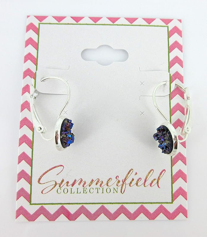 Summerfield Collection Silver-tone Faux Druzy Stone Lever-back Drop Earrings 8mm (Purple/Blue)