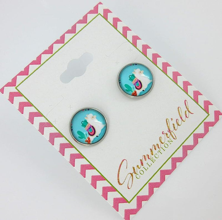 Summerfield Collection Stainless Steel Llama Print Glass Stud Earrings 12mm (Aqua)