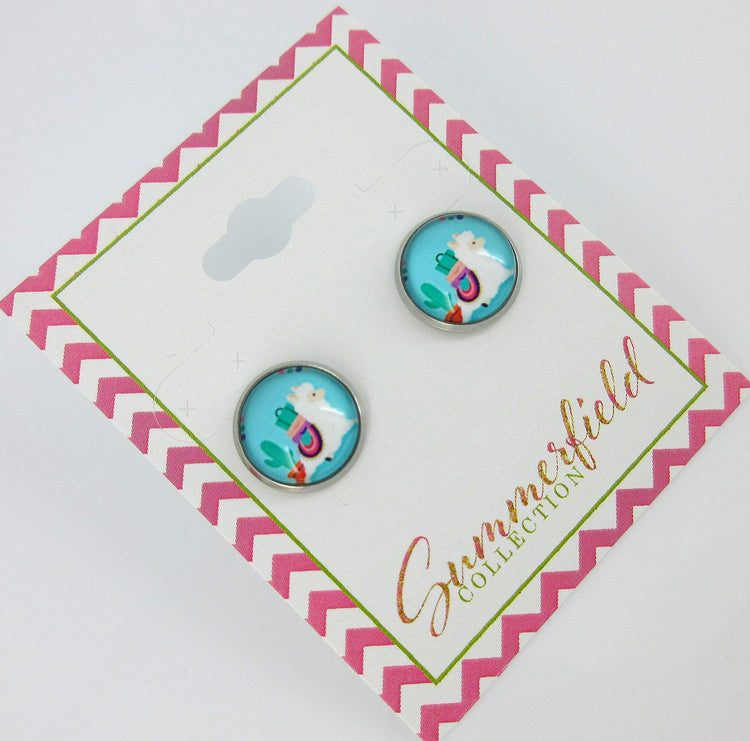 Stainless Steel Aqua Blue Llama and Cactus Print Glass Stud Earrings 12mm