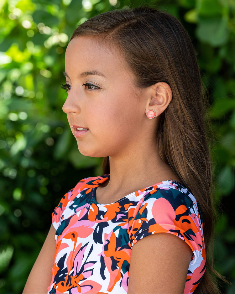 Silver-tone Coral Iridescent Glitter Glass Stud Earrings Hand-painted 12mm