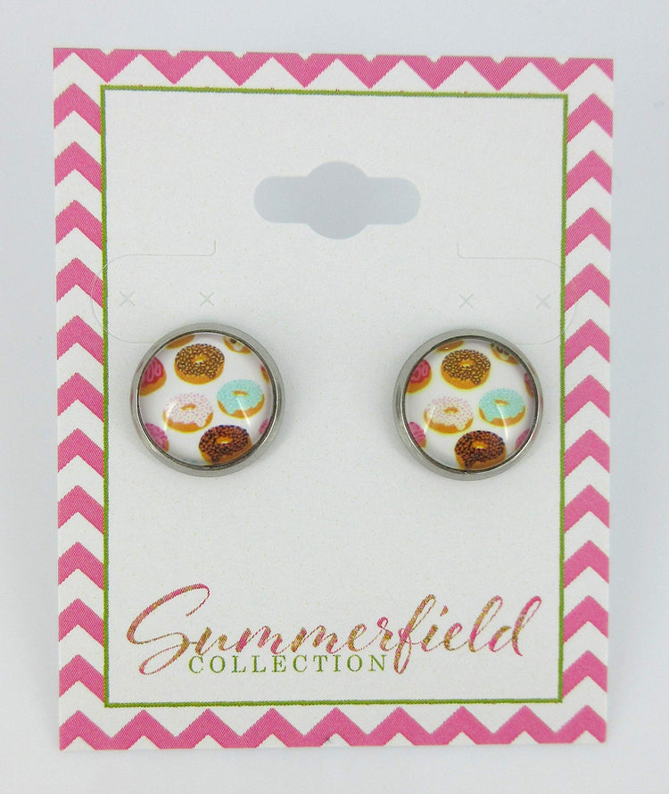 Stainless Steel Pink Blue Brown Doughnut Print Glass Stud Earrings 12mm