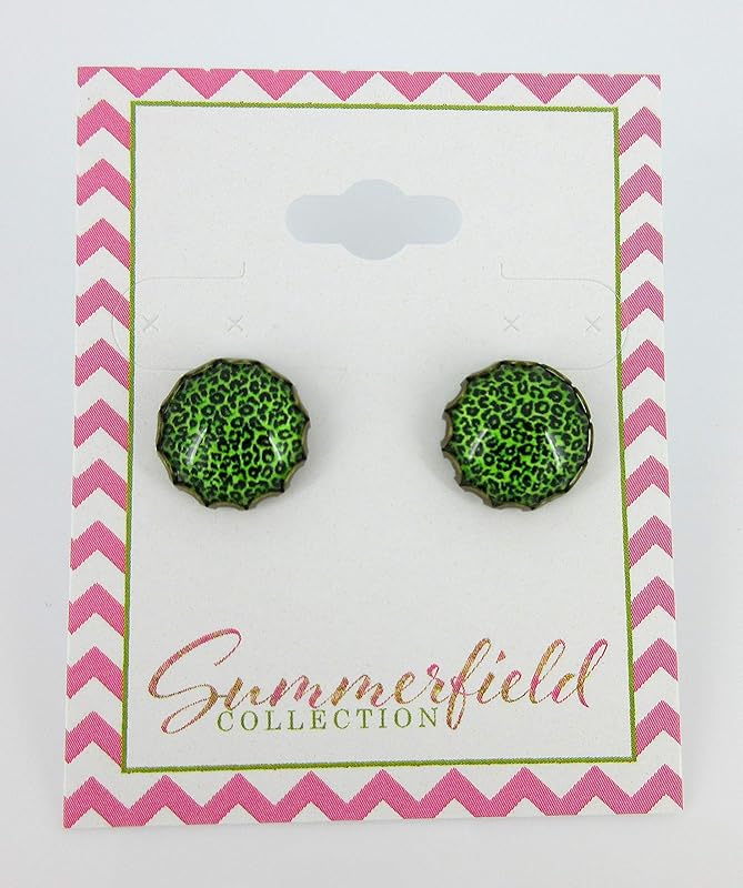 Summerfield Collection Antiqued Gold-tone Animal Print Glass Stud Earrings 12mm (Bright Green)