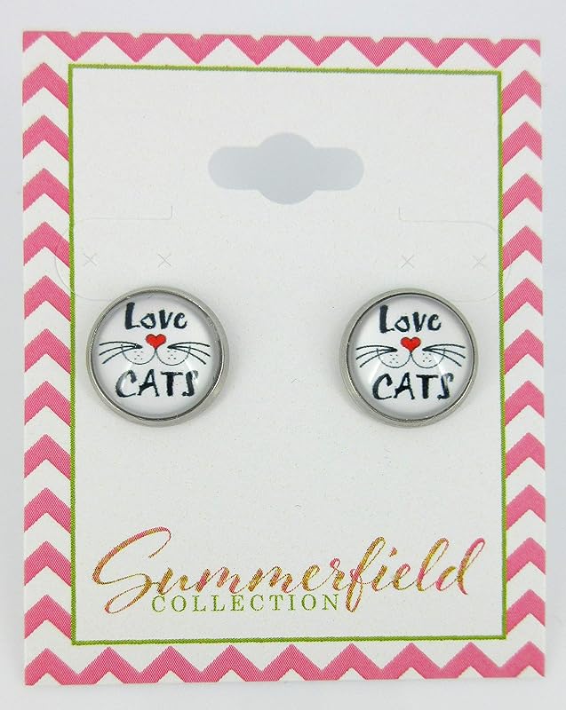 Summerfield Collection Stainless Steel Cat Lover Printed Glass Stud Earrings 12mm (Love Cats Whisker Face)