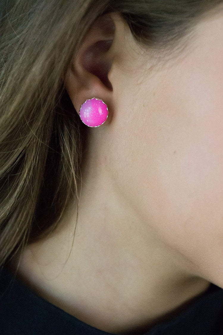 Stainless Steel Glitter Resin Stud Earrings 12mm Hot Pink Kawaii