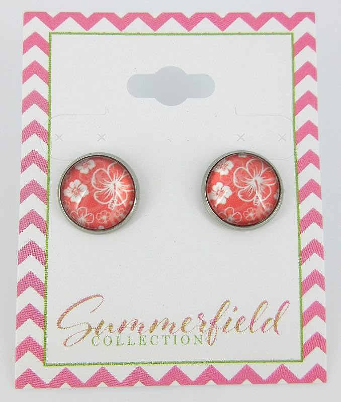 Summerfield Collection Stainless Steel Hibiscus Flower Print Glass Stud Earrings 12mm Hawaiian (Coral Peach Pink)