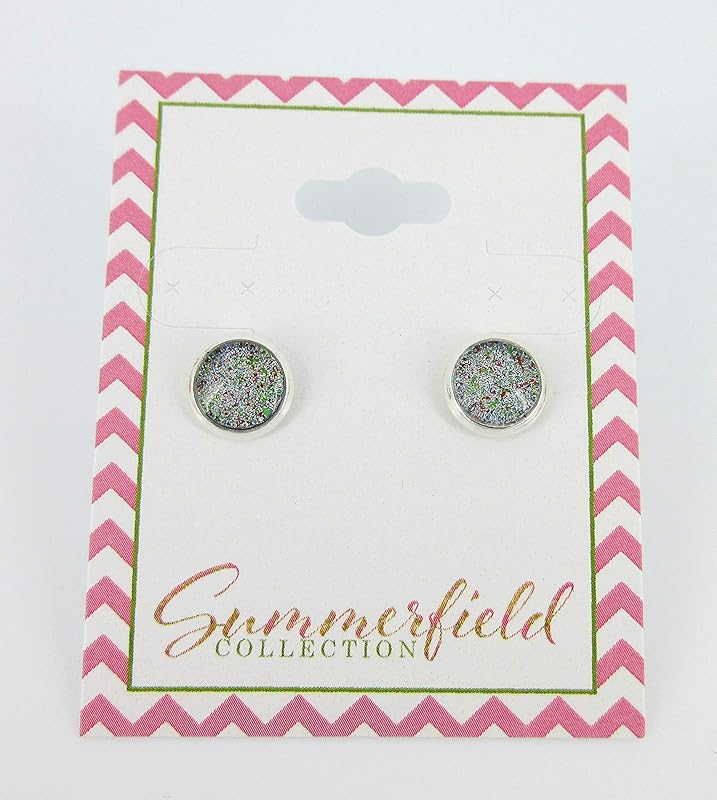 Summerfield Collection Silver-tone Green Red and Holographic Glitter Glass Stud Earrings Hand-painted 8mm