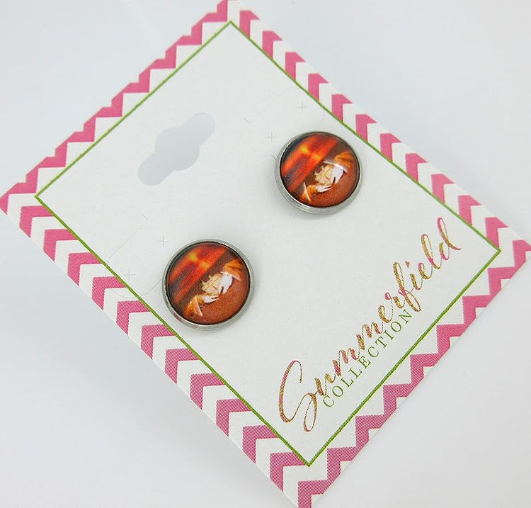 Summerfield Collection Stainless Steel Sunset Crab on the Beach Print Glass Stud Earrings 12mm