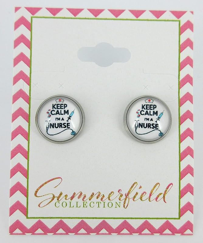 Summerfield Collection Stainless Steel Keep Calm I'm a Nurse Print Glass Stud Earrings 12mm White Black Red