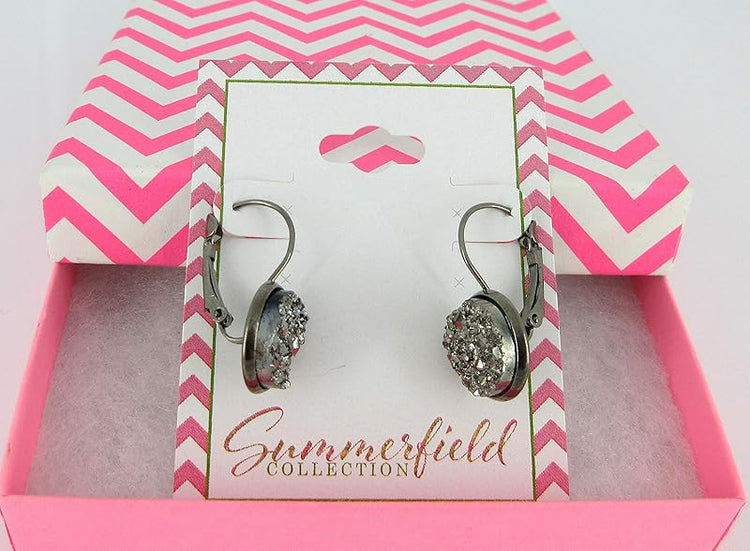Summerfield Collection Hematite-tone Gunmetal Gray Faux Druzy Stone Lever-back Drop Earrings 12mm