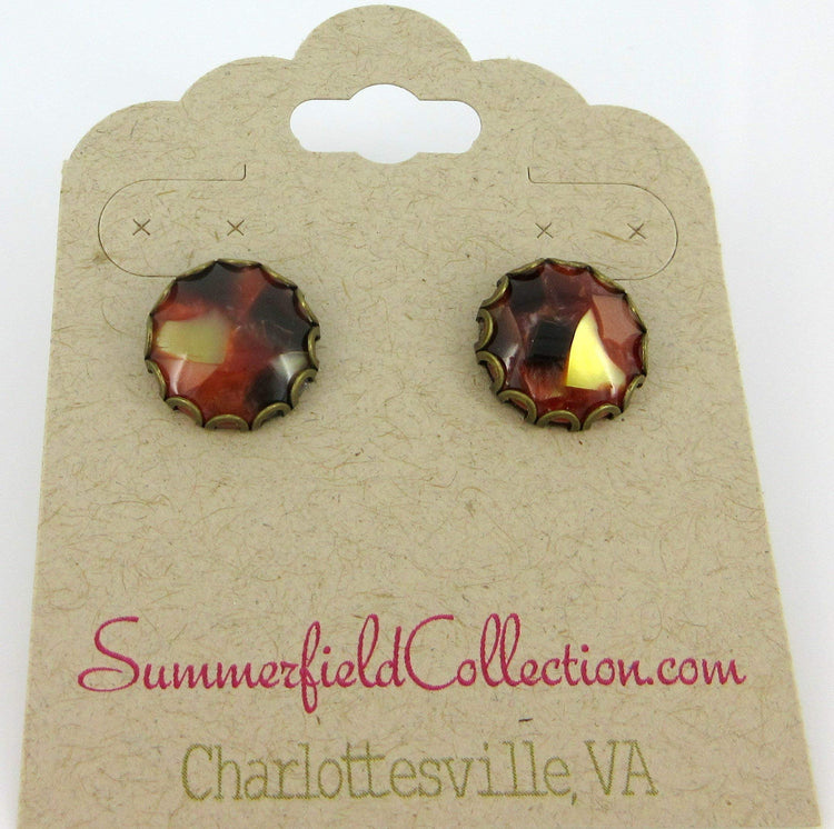 Antiqued Gold-tone Faux Tortoise Shell Resin Stud Earrings 12mm