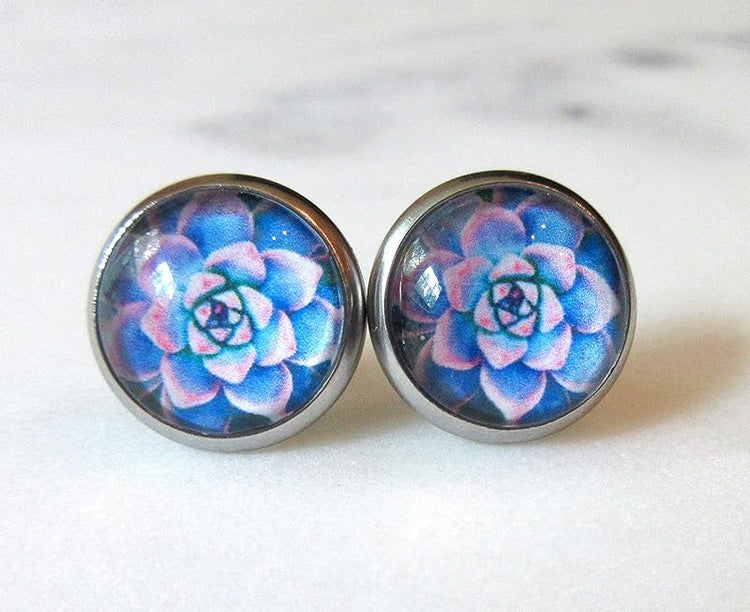 Summerfield Collection Stainless Steel Succulent Plant Print Glass Stud Earrings 12mm (Blue/Pink)