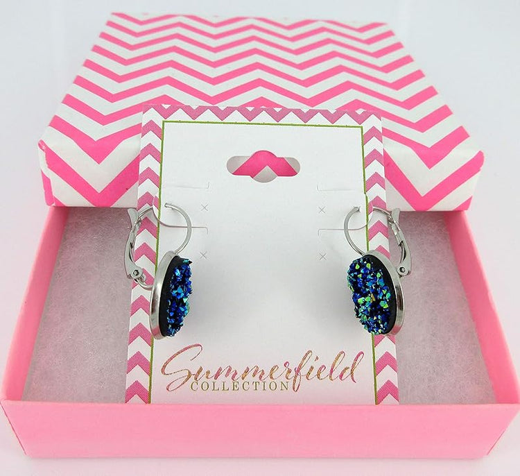 Summerfield Collection Stainless Steel Faux Druzy Stone Lever-back Drop Earrings 14mm (Blue/Green/Yellow)