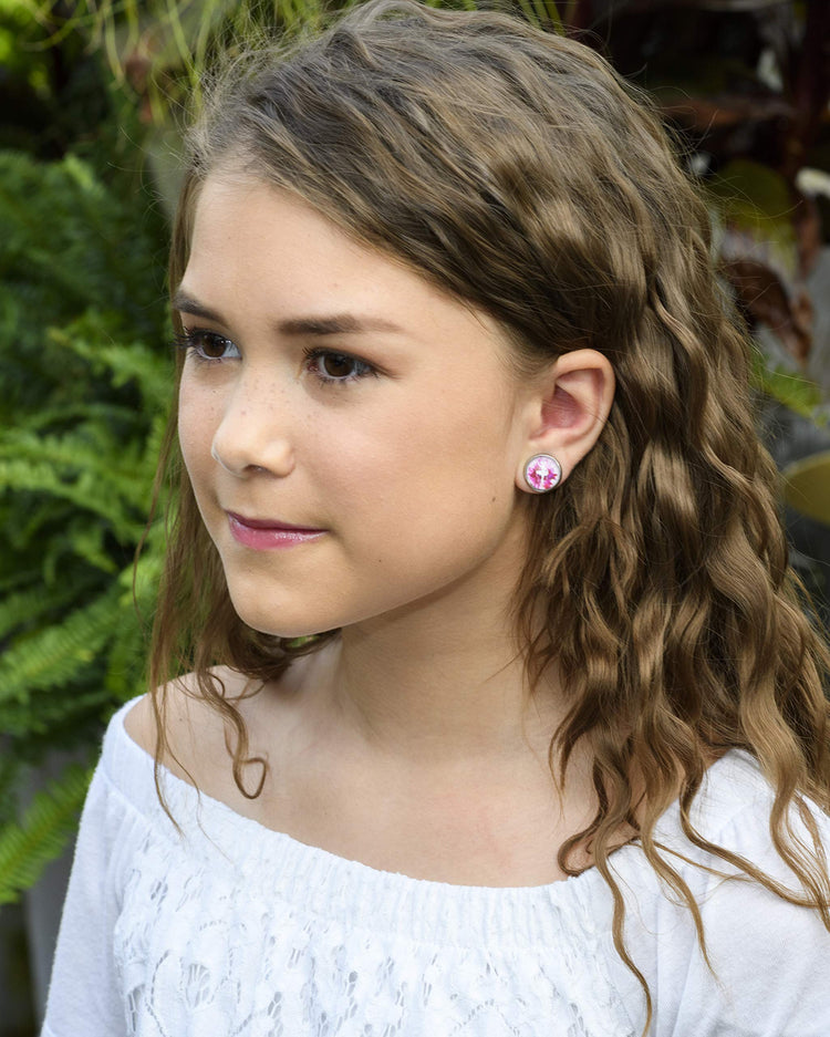 Stainless Steel Pink and White Ballet Dancer Printed Glass Stud Earrings 12mm