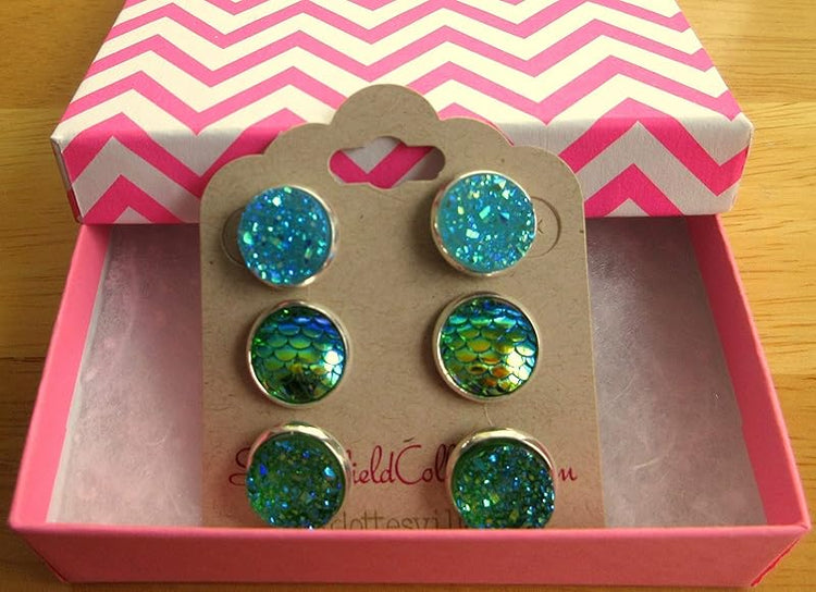 Summerfield Collection Trio Silver-tone Stud Earrings Green AB Blue Faux Druzy Stone Mermaid Scale Set 12mm