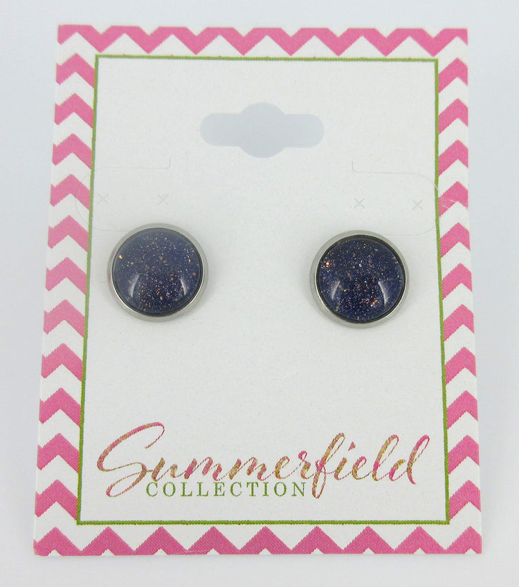 Stainless Steel Dark Purple and Gold Glitter Glass Stud Earrings Hand-painted 10mm