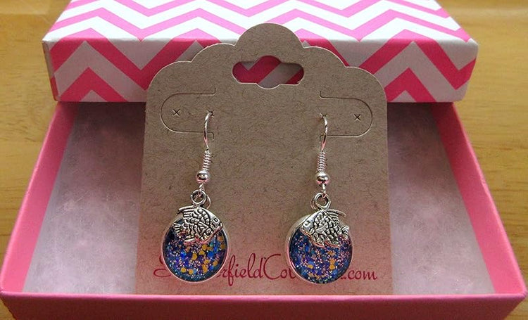 Summerfield Collection Silver-tone Blue Yellow and Holographic Glitter Glass Fish Charm Dangle Earrings Hand-painted