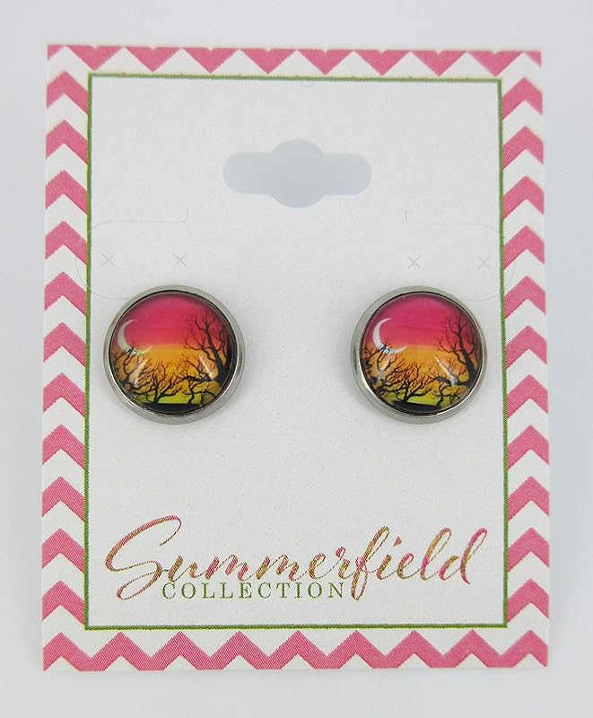Summerfield Collection Stainless Steel Winter Sunset Print Glass Stud Earrings 12mm