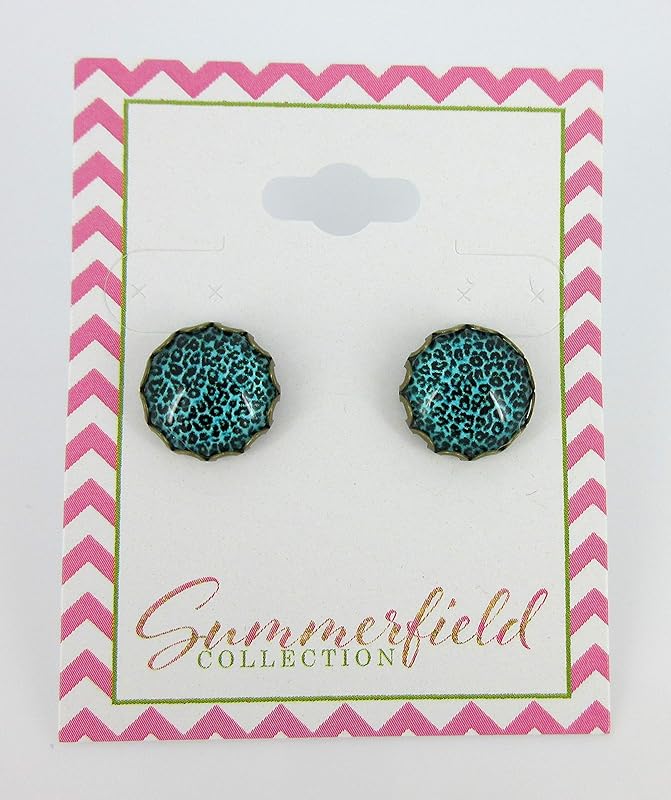 Summerfield Collection Antiqued Gold-tone Animal Print Glass Stud Earrings 12mm (Aqua Blue)