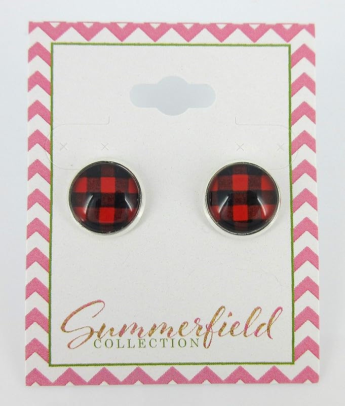 Summerfield Collection Stainless Steel Buffalo Plaid Print Glass Stud Earrings 12mm (Red/Black)