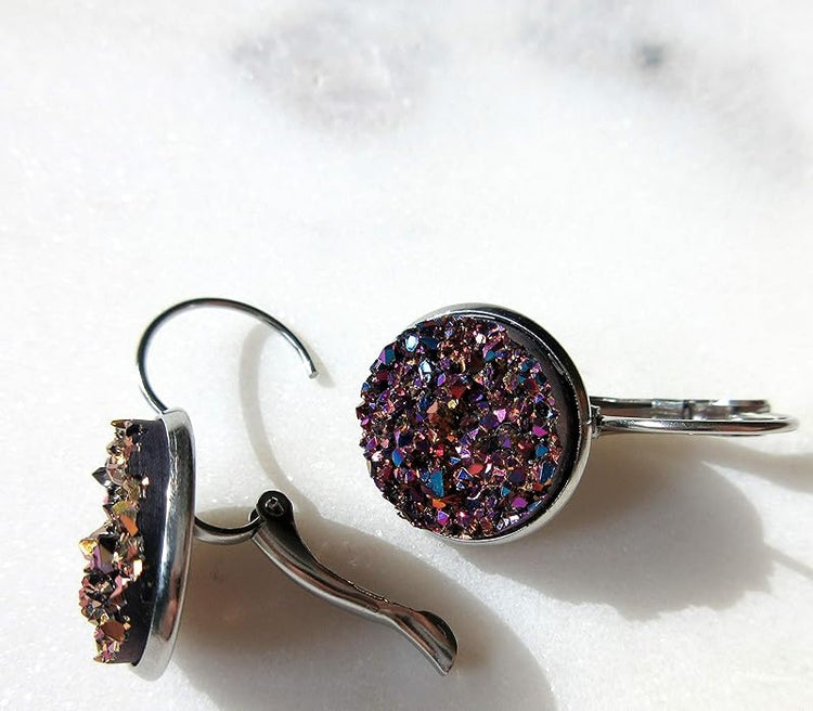 Summerfield Collection Stainless Steel Faux Druzy Stone Lever-back Drop Earrings 14mm (Pink/Purple/Teal)