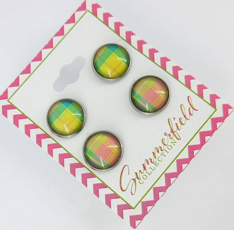 Summerfield Collection Stainless Steel Duo Stud Earrings Plaid Print Glass 12mm Set (Pastel)