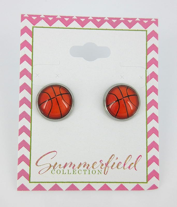Summerfield Collection Stainless Steel Basketball Print Glass Stud Earrings 12mm