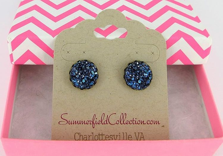 Summerfield Collection Antiqued Gold-tone Faux Druzy Stone Stud Earrings 12mm (Dark Metallic Blue)
