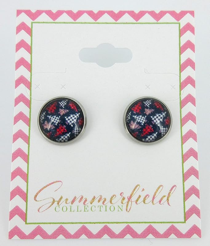 Summerfield Collection Stainless Steel Buffalo Plaid Print Glass Stud Earrings 12mm (Christmas Tree Print)