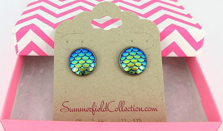 Summerfield Collection Stainless Steel Metallic Dragon Mermaid Scale Stud Earrings 12mm (Blue Green AB)