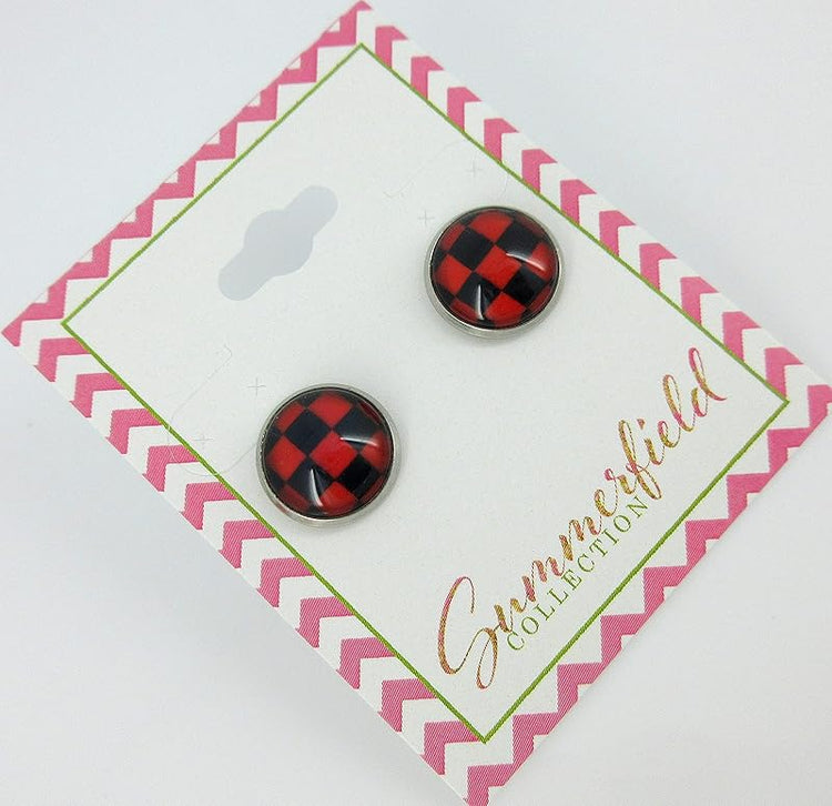 Summerfield Collection Stainless Steel Checkerboard Print Glass Stud Earrings 12mm (Red)